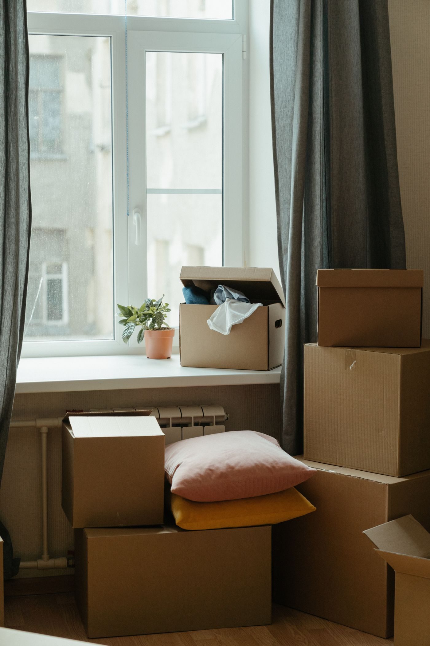Packed moving boxes stacked by a sunlit window